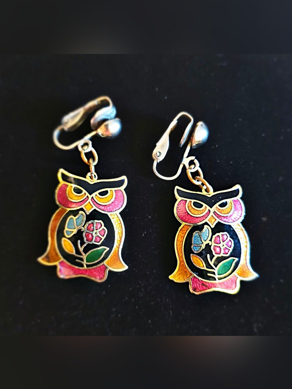 Cloissone Owl Floral Drop Earrings